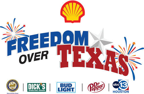 Illustration of Fireworks and Texas star. Shell Logo, city of Houston logo, ABC 13 Houston logo